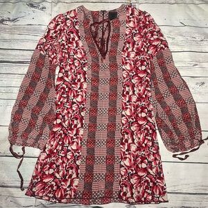 Anna sui Dress Floral Plaid Mix Retro 70s Sleeve Blouse Tie Silk Change Size 4